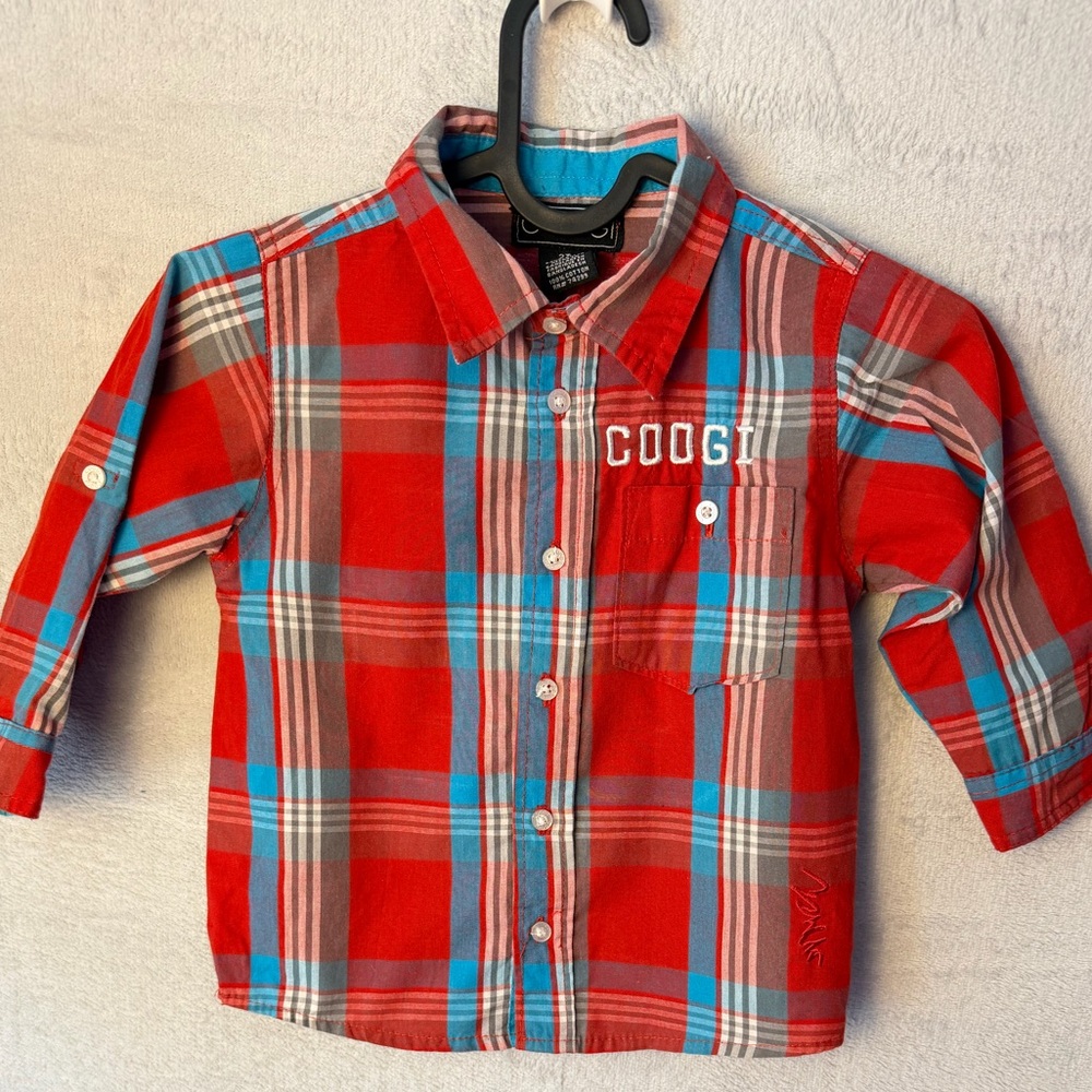 COOGI Kids Red and Blue Plaid Button Down Long Sleeve Shirt Toddler Boys 2T